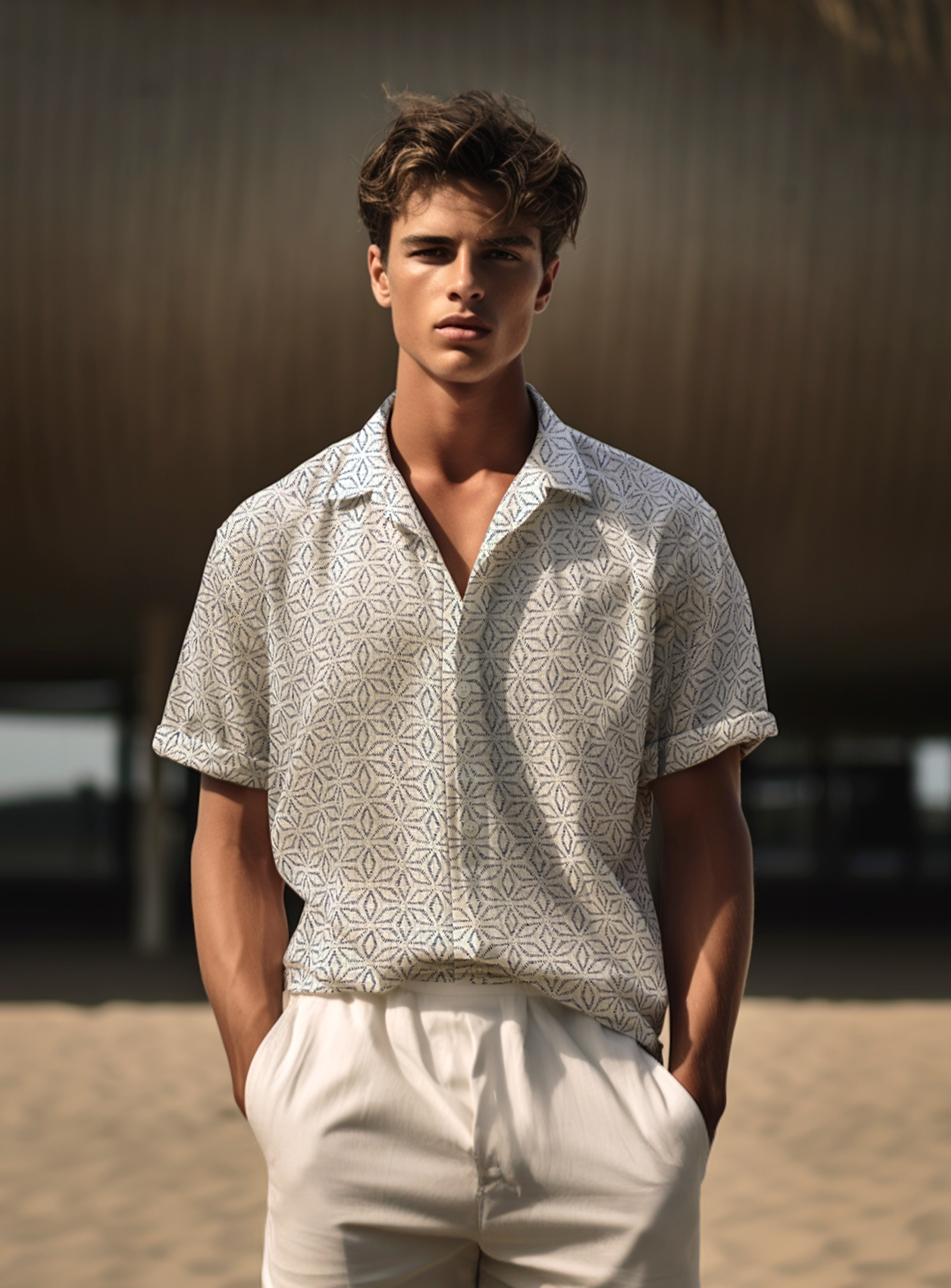 CORY| Slub Linen cabana collar textured print shirt