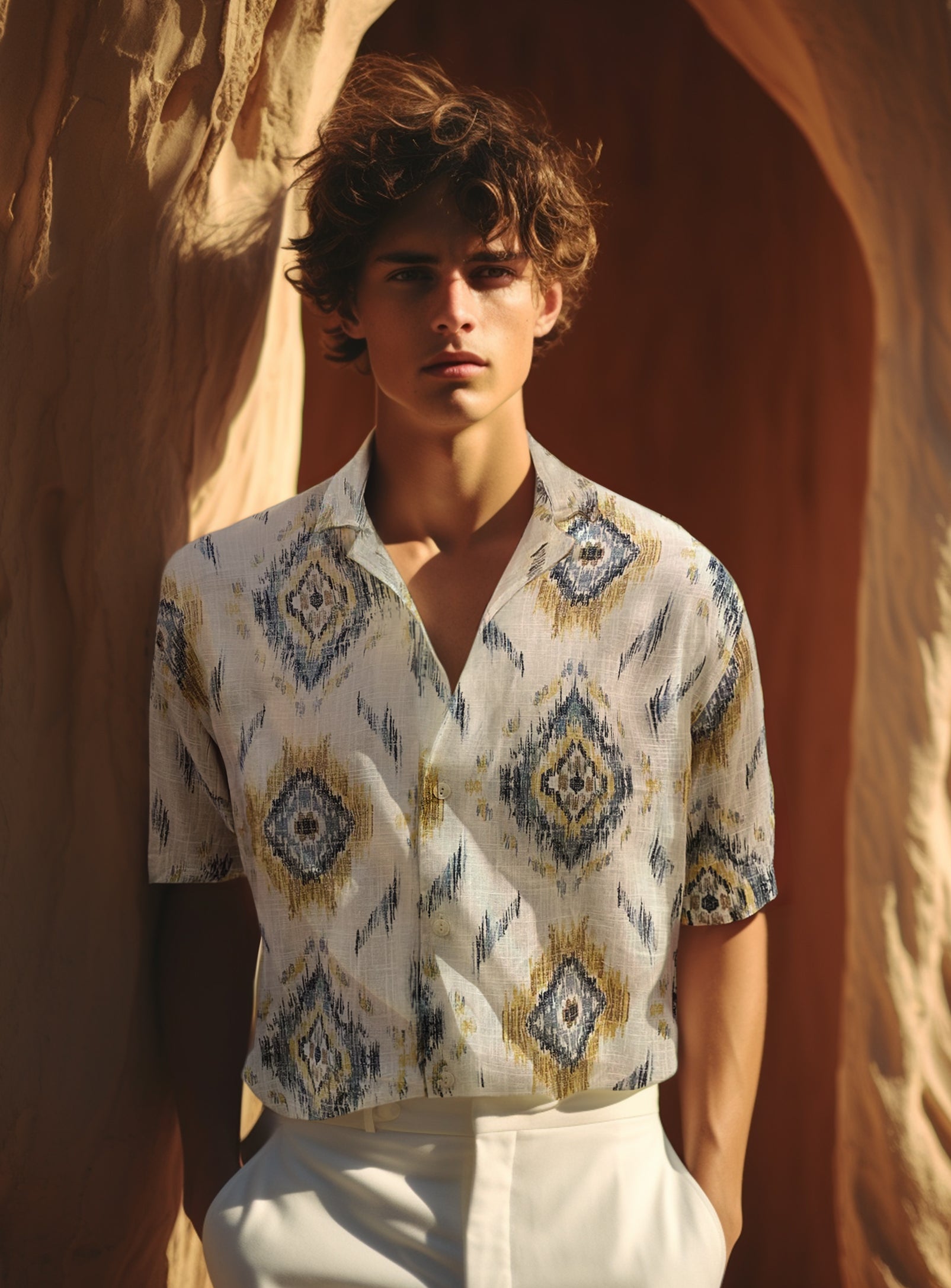 TRISTAN|Slub linen print cabana shirt