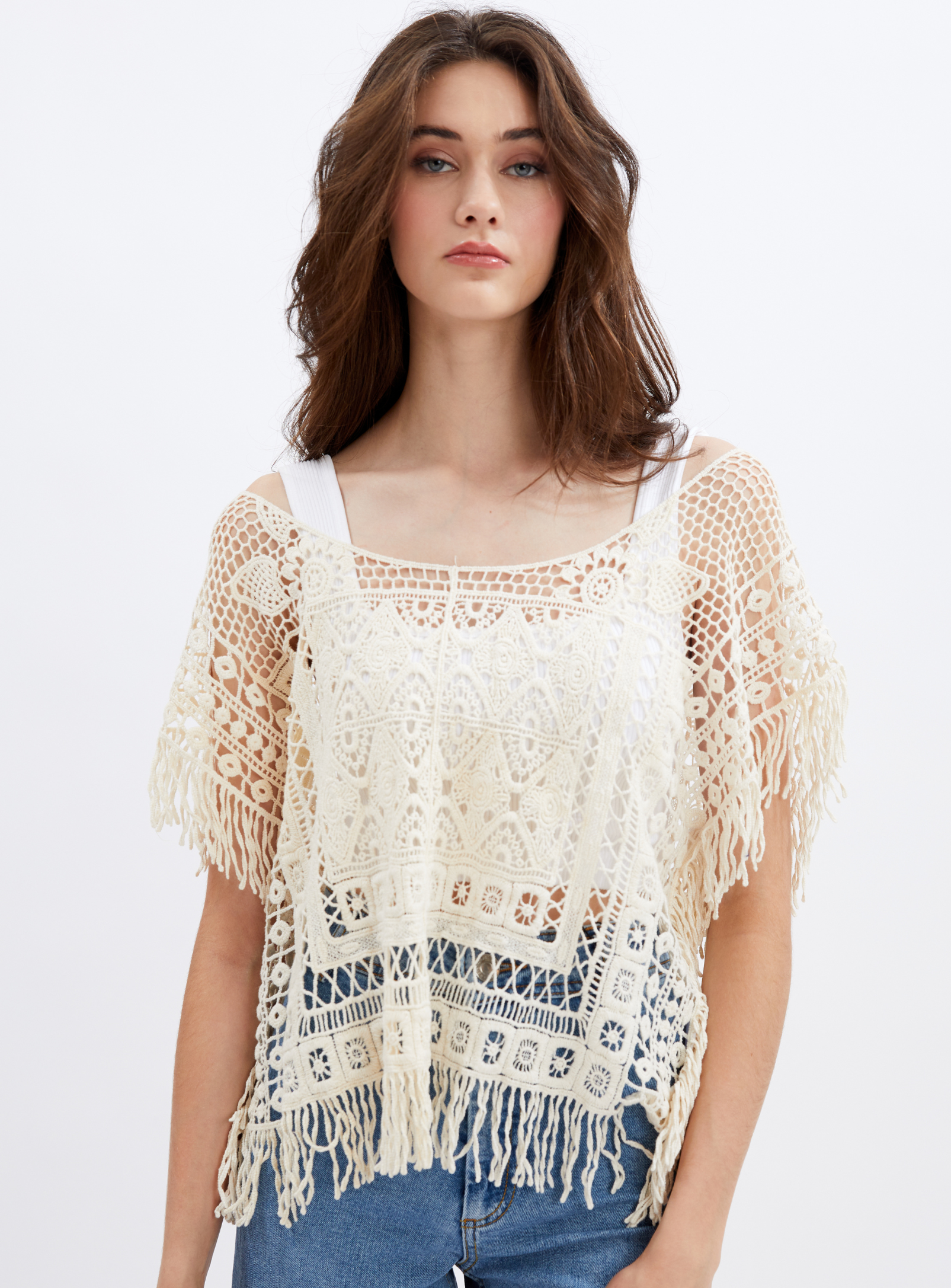 JENNY | Fringed Crochet Lace Poncho Top