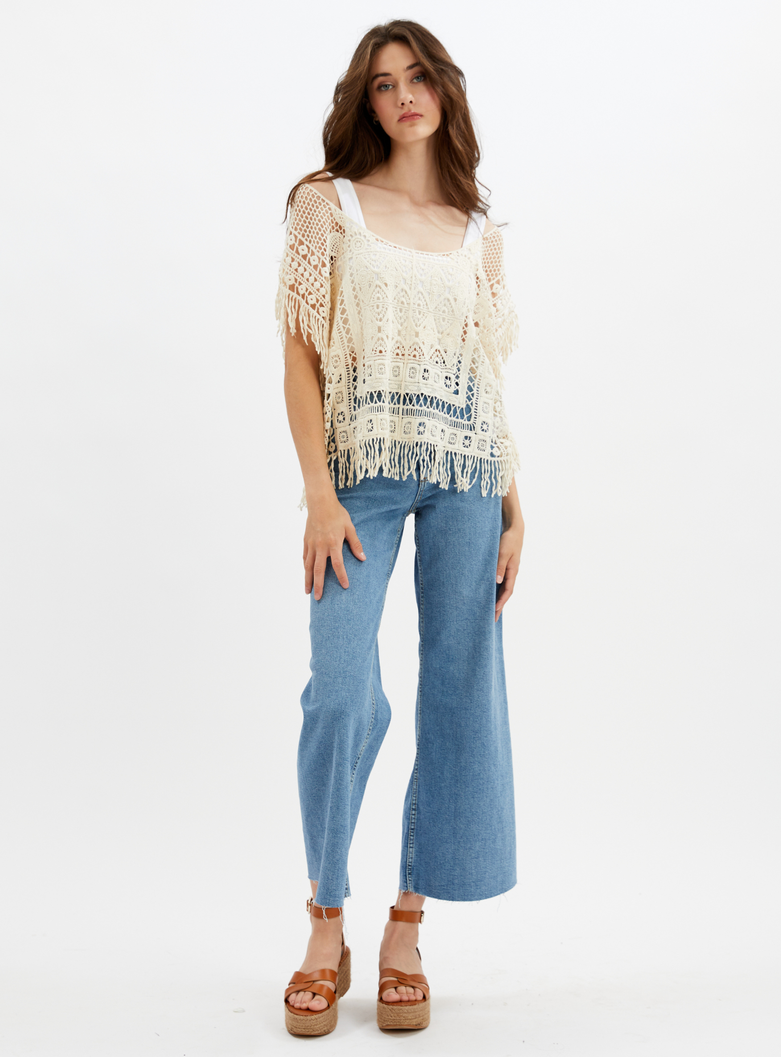 JENNY | Fringed Crochet Lace Poncho Top