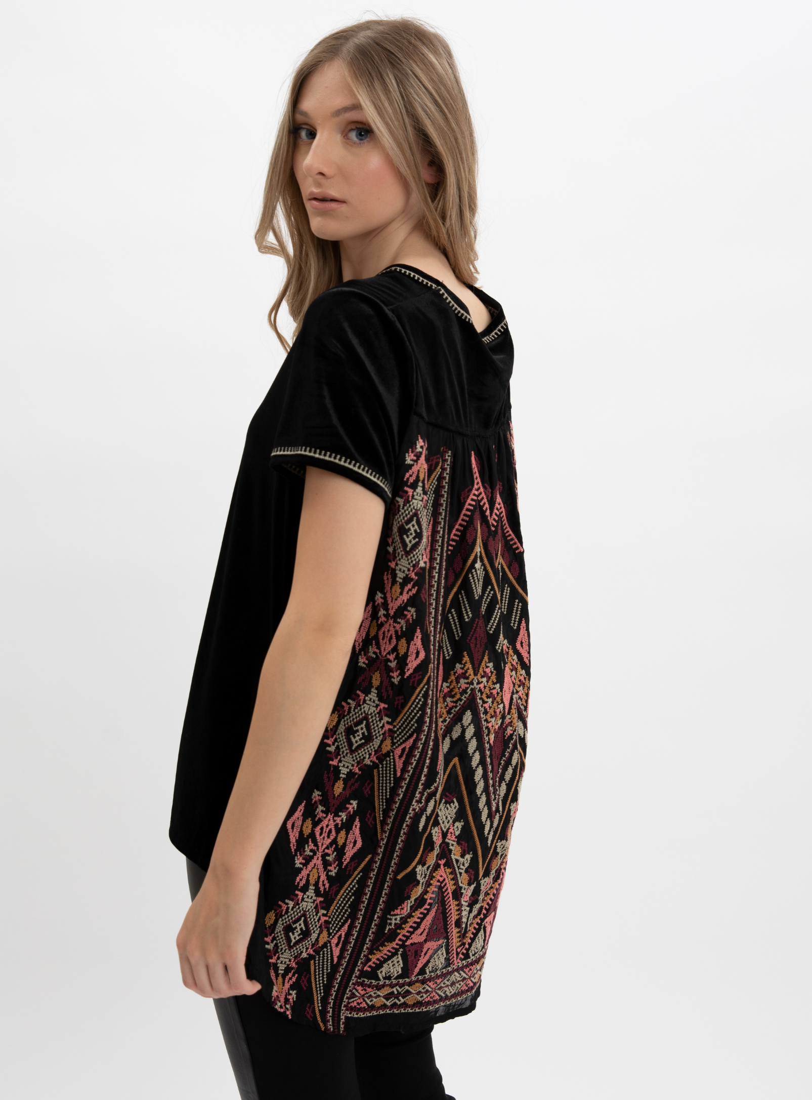 VANJI | Short sleeve velour top with jacquard back