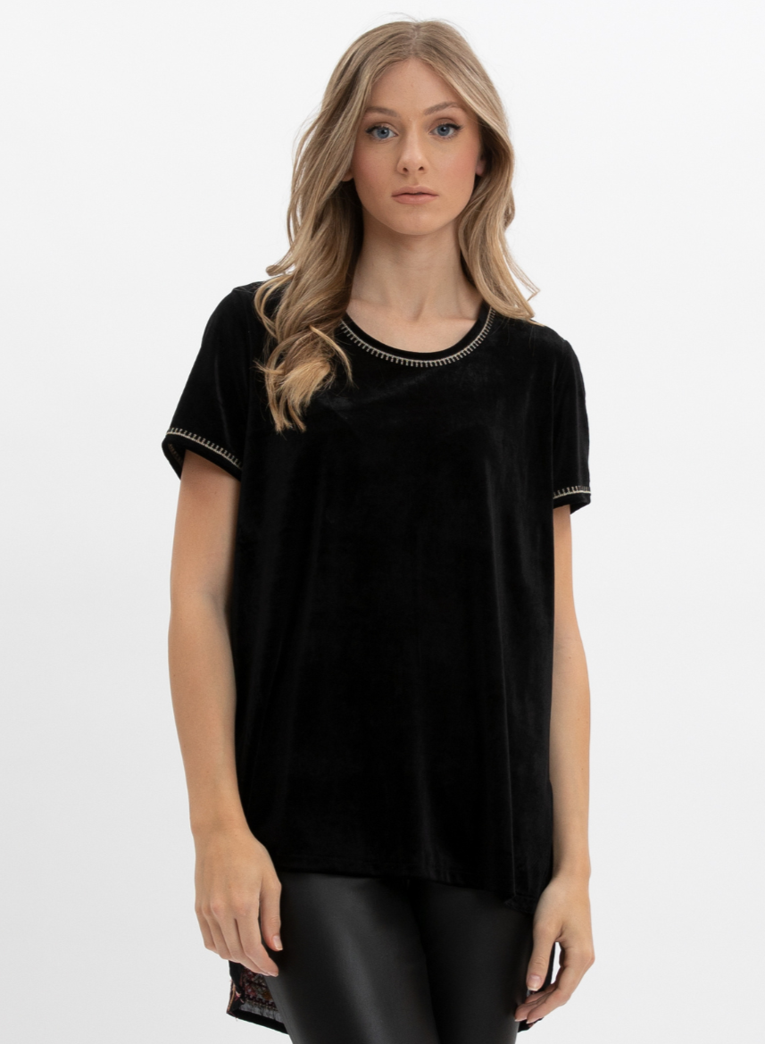 VANJI | Short sleeve velour top with jacquard back