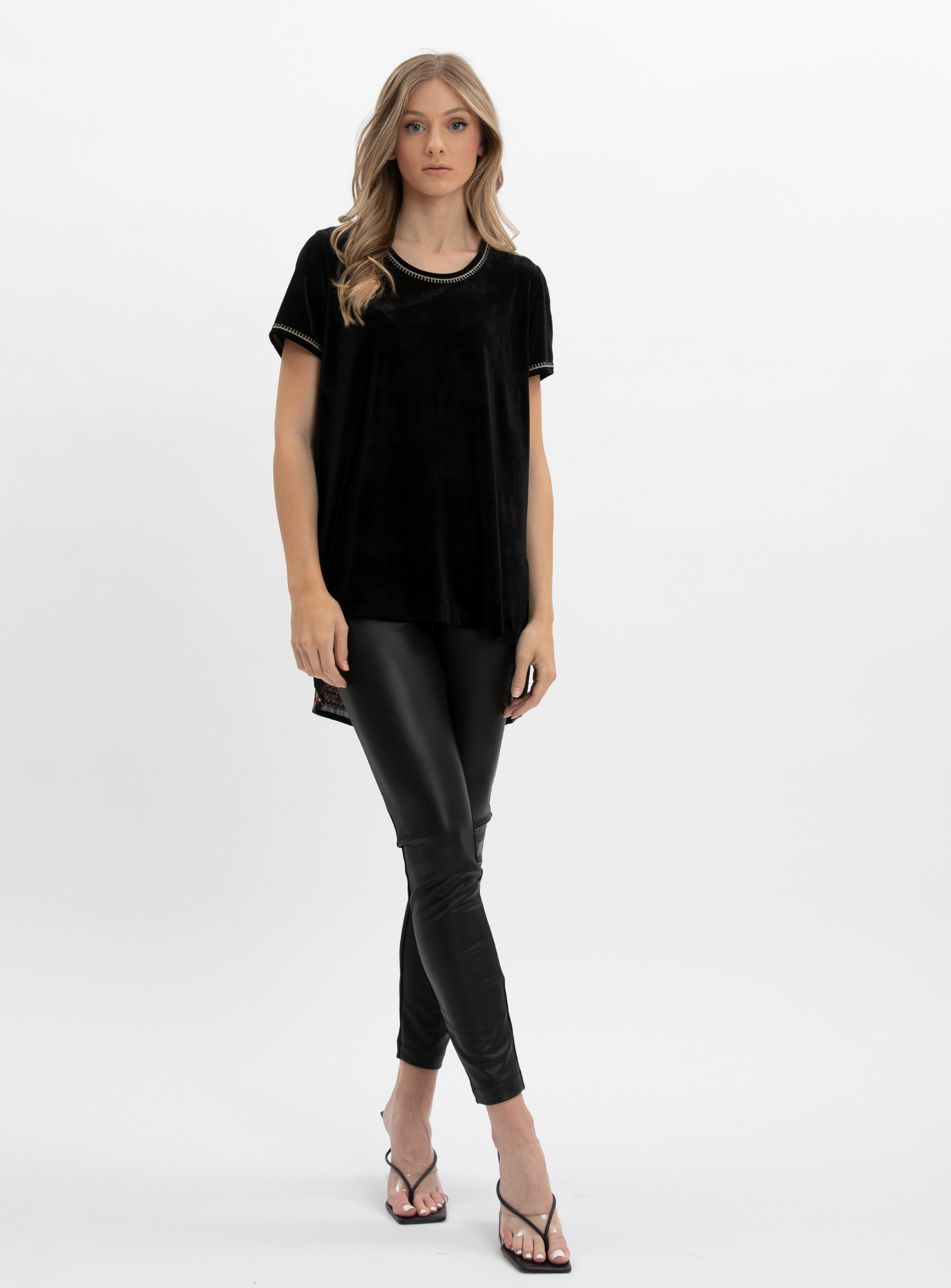 VANJI | Short sleeve velour top with jacquard back