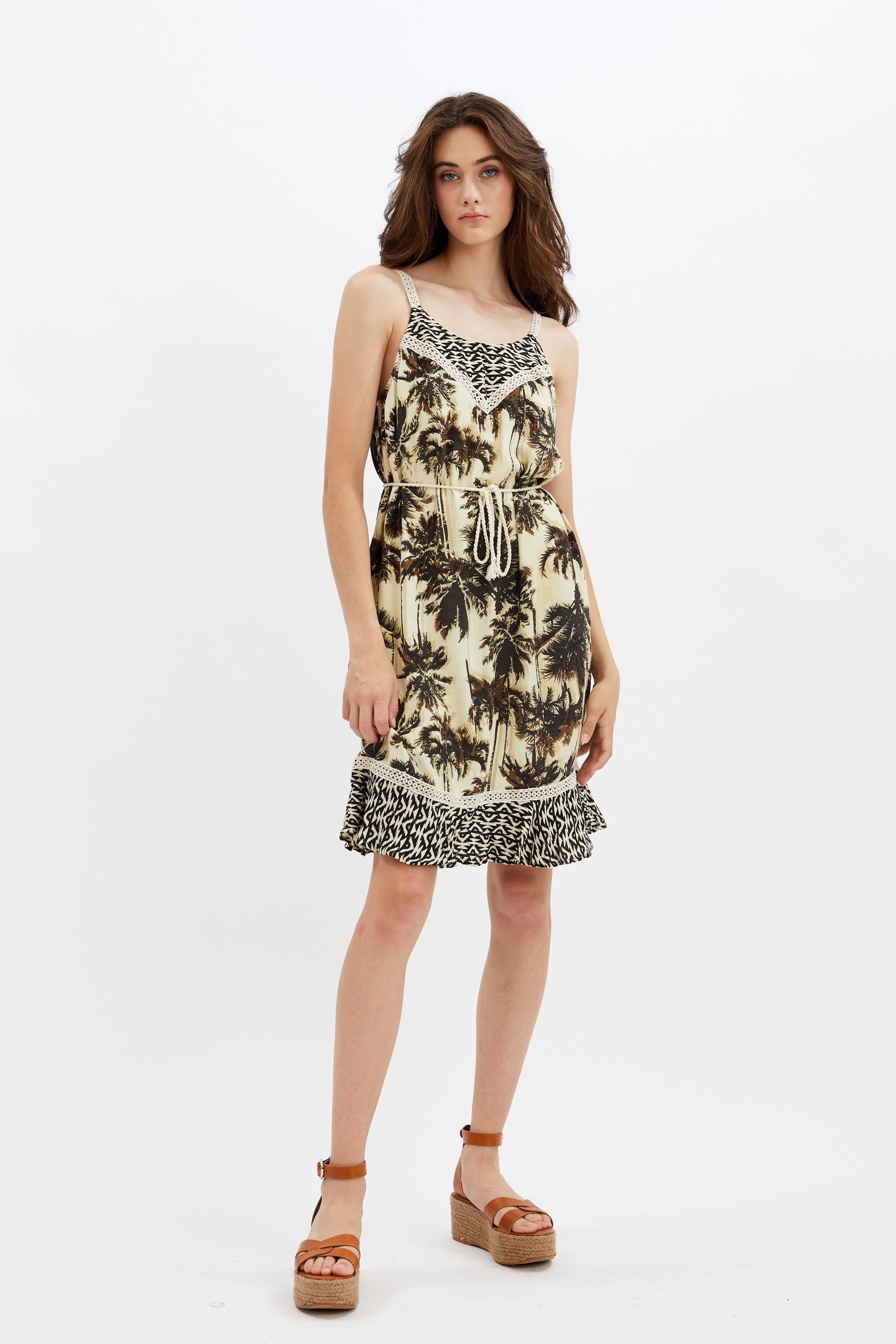 LUNA | Lined Dress with Lace Insert & Cord Tie BK