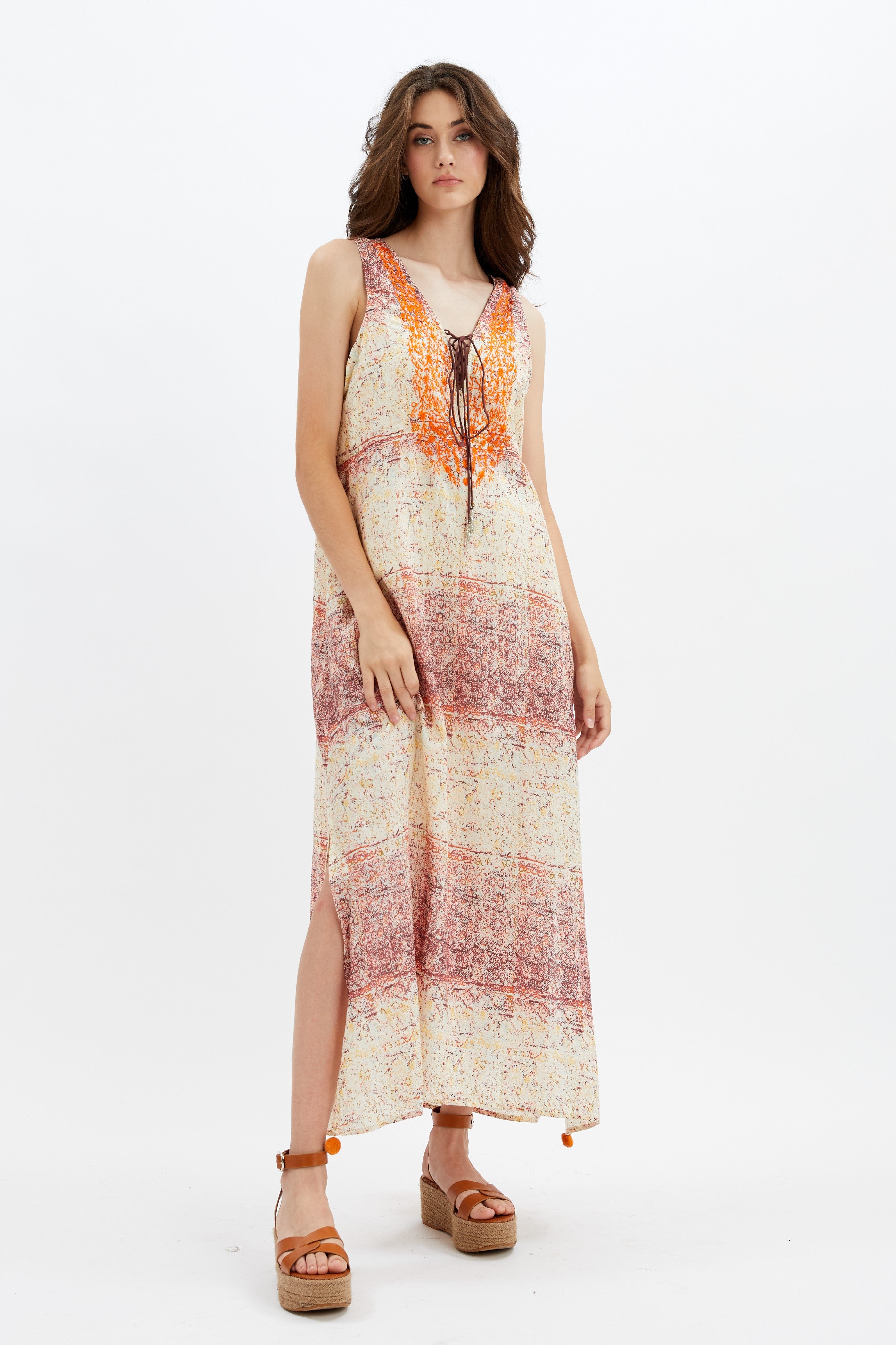 PEYTON | Sleveless Maxi Dress With Tie Up Front & EMB